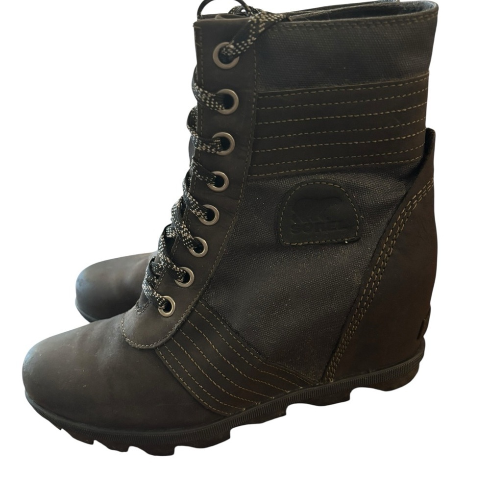 Sorel Lexie Wedge Boots Womens Sz 11 Shoes Black Leather Canvas Booties